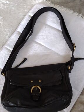 Black Leather Shoulder Bag with Gold Hardware